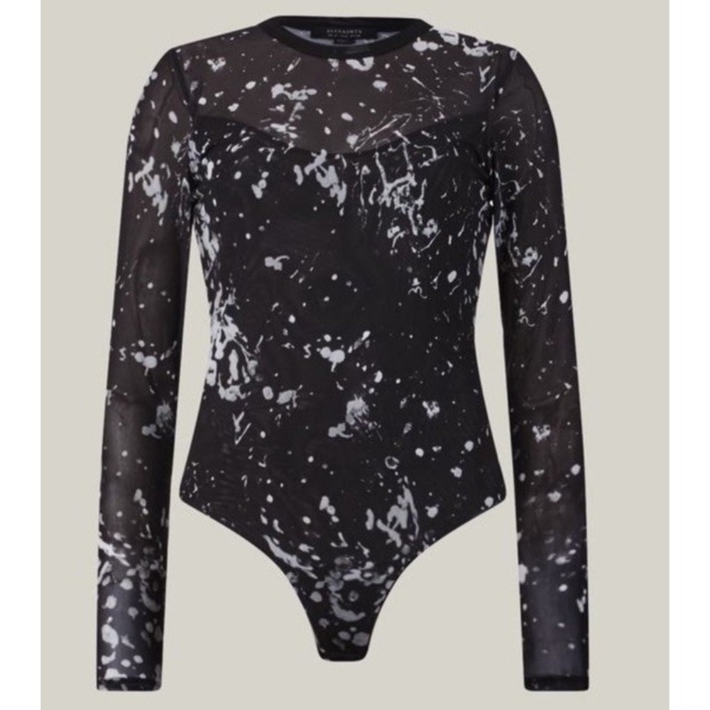 AllSaints Nora Portland Black Splatter Mesh Long Sleeve Bodysuit Size US 2